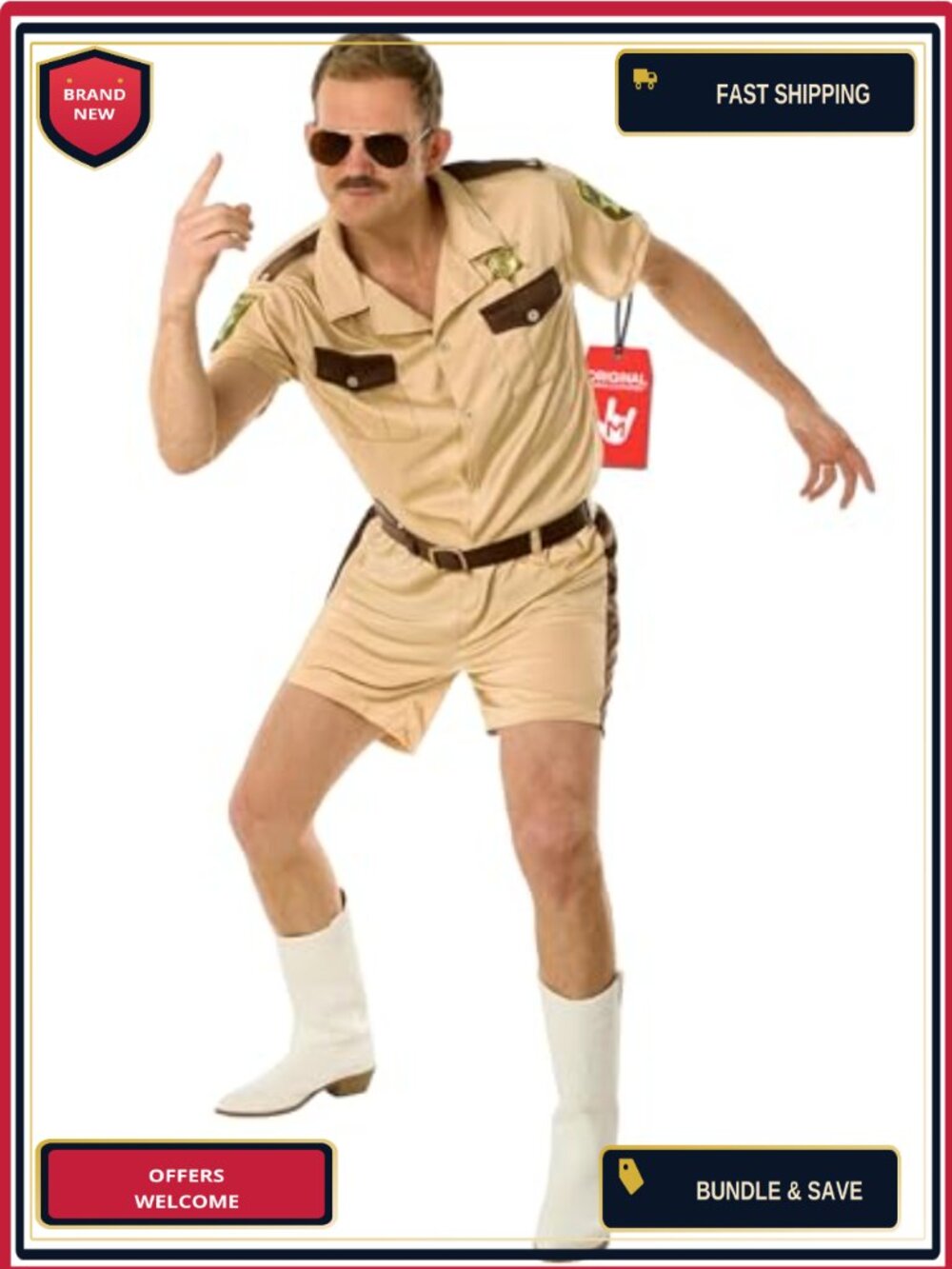 Men's Retro Police Cop Costume Shirt Shorts Belt Sunglasses Adult